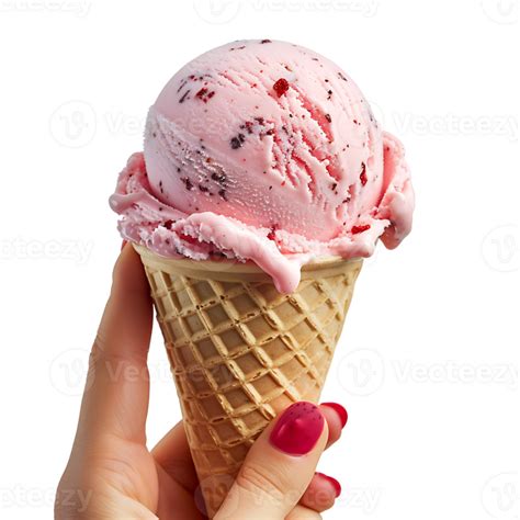 Hand Holding Strawberry Ice Cream On Isolated Transparent Background