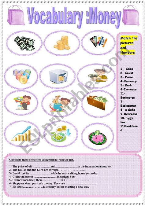 Vocabulary Money ESL Worksheet By Sruggy