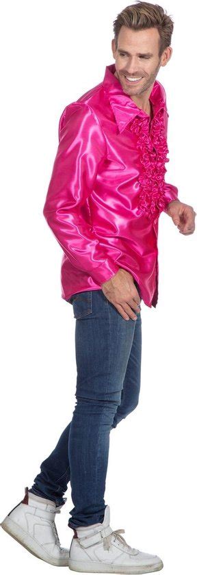 Jaren 80 90 Kostuum Roze Ruchesblouse Satijn Foute Disco Maat 58