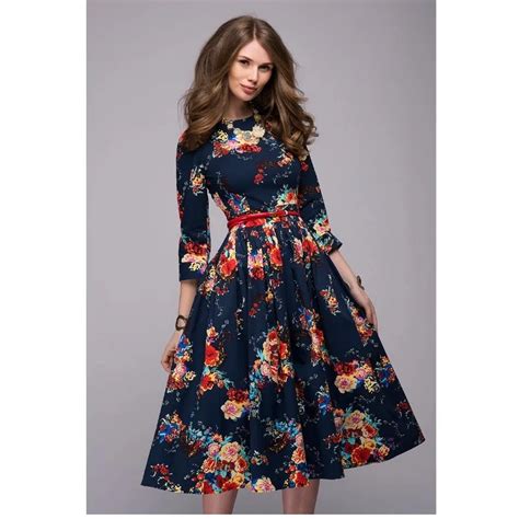 Women Casual Knee Length Dress 2018 New Arrival Long Sleeve Printing