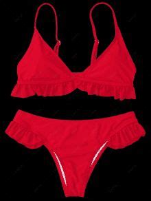 Off Hot Ruffle Padded Plunge Bikini Set In Bright Red S