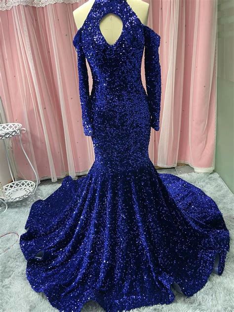 Royal Blue Mermaid Prom Dresses With Sequins Elegant Long Sleeves