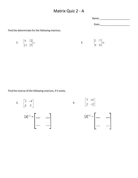 Determinate Inverse Quiz For 2x2 Matrices Worksheet Live Worksheets