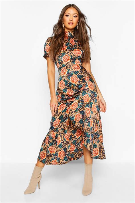 Rose Mixed Print High Neck Ruched Midaxi Dress Boohoo Uk