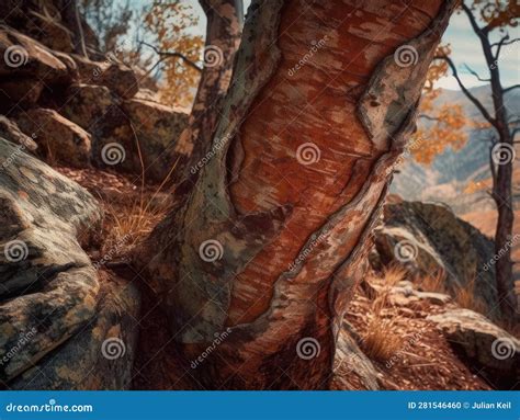 Double Exposure Tree Bark And Rocky Mountain Stock Illustration