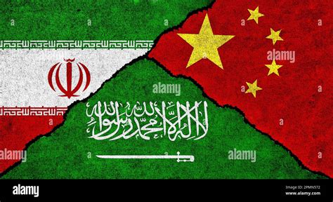 Saudi Arabia, Iran and China flag together on a textured background ...