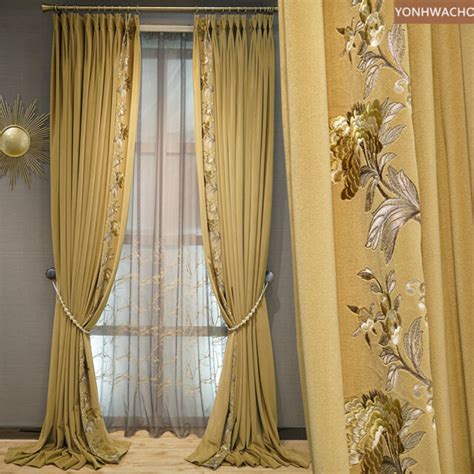 Luxury Yellow Embroidered Velvet Thick Cloth Blackout Curtain Tulle