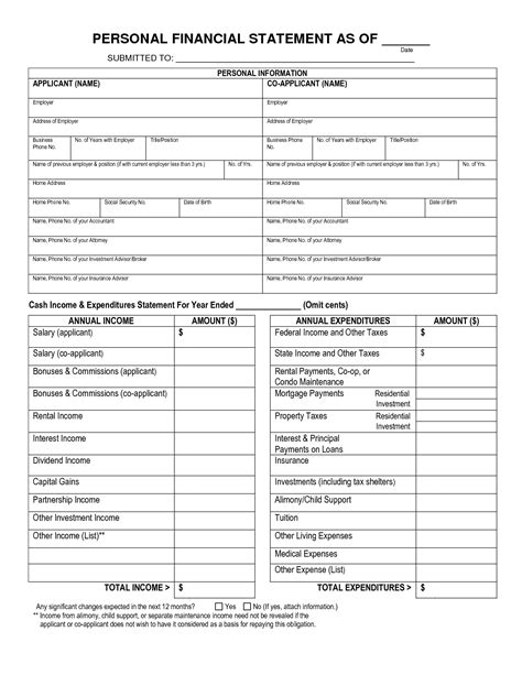 Blank Printable Personal Financial Statement