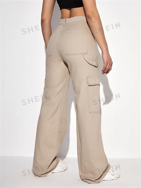 Shein Ezwear Pantalones Cargo De Talle Alto Con Bolsillo Oblicuo Moda