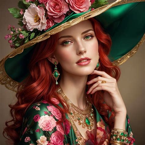 Striking Woman in Floral Hat and Elegant Attire | Deep Dream Generator