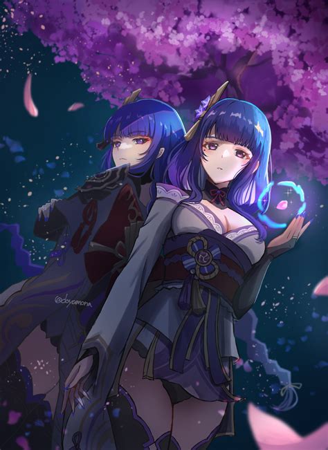 Twins Long Hair Purple Hair Video Game Characters Raiden Makoto Raiden Shogun Genshin