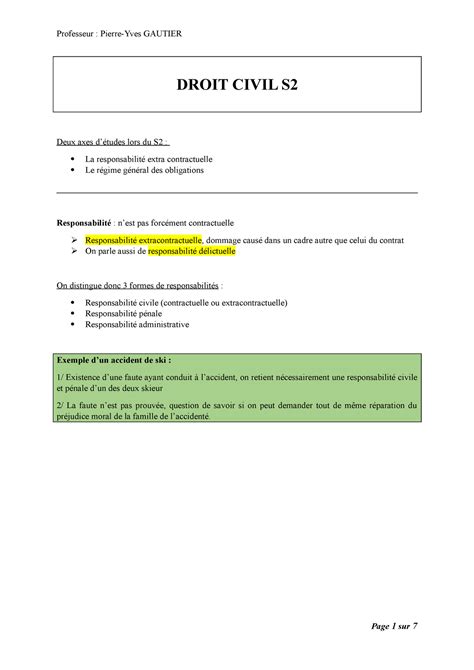 Civil Notes De Cours Droit Civil S Deux Axes D Tudes Lors Du S