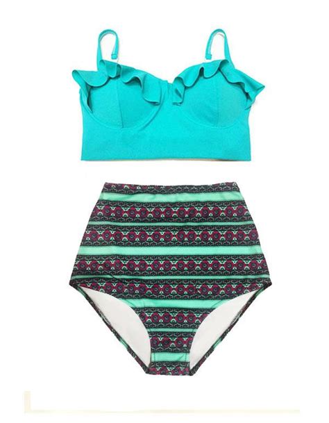 Mint Midkini Padded Top And Seamless Tribal Retro Vintage High Waisted