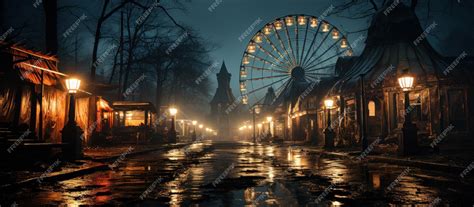 Premium Photo Abandoned Carnival With A Ferris Wheel On A Cloudy Night