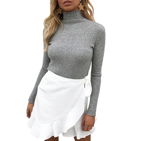 Sweater Women Knitted Long Sleeve Turtleneck Bottoming White Basic