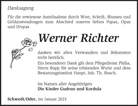 Traueranzeigen Von Werner Richter M Rkische Onlinezeitung Trauerportal