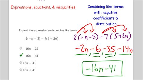 2 Combining Like Terms With Negative Coefficients And Distribution Youtube