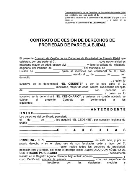 87478545 Machote Contrato Cesion Derechos Ejidales Contrato de Cesión