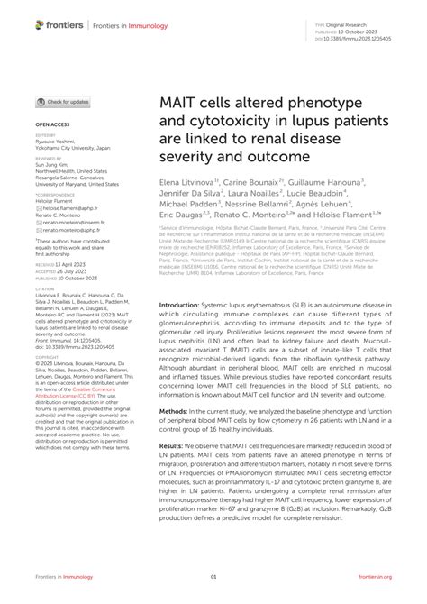 PDF MAIT Cells Altered Phenotype And Cytotoxicity In Lupus Patients