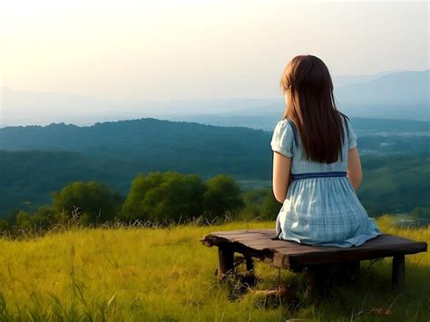 Premium AI Image | The girl is sitting alone on a wooden chair on the hill in the afternoon