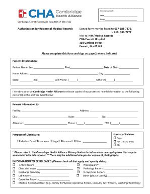 Fillable Online Fillable Online Medical Record Release Form Cambridge