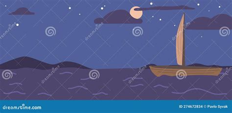 Wooden Boat With Sails Float At Night Ocean Under Starry Sky With