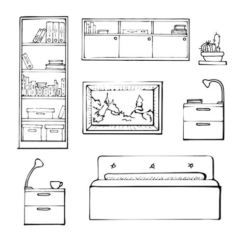 Sketch set isolierte möbel lineare schwarze möbel auf weißem