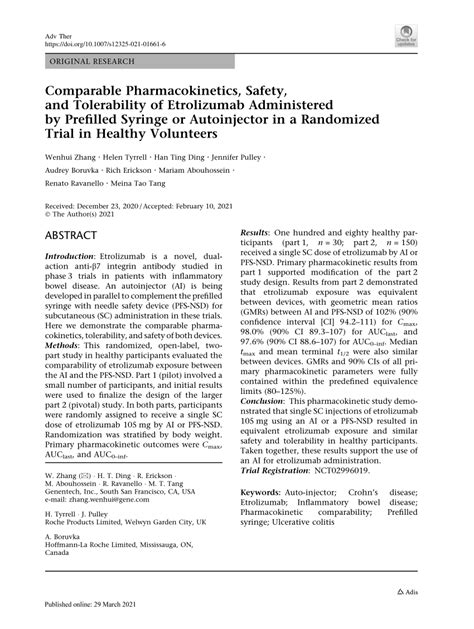 Pdf Comparable Pharmacokinetics Safety And Tolerability Of Etrolizumab Administered By