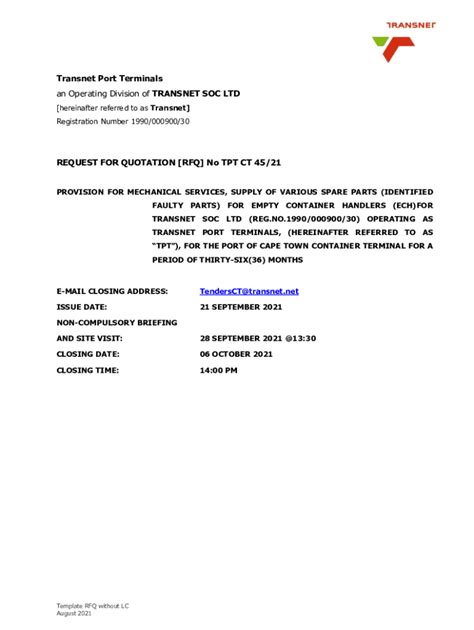 Fillable Online Transnet Port Terminals An Operating Division Of