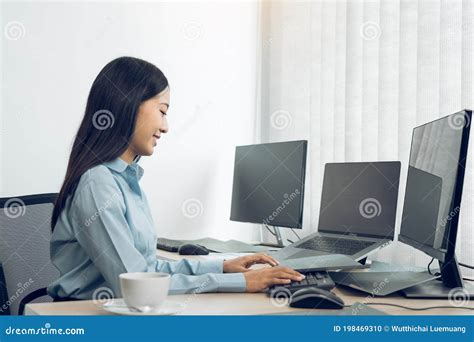 Asian Young Female Programmer Working Developer Programing On A