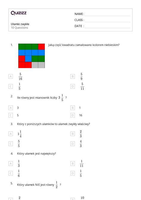 Ponad 50 Ułamki Arkuszy Roboczych Dla Klasa 3 W Quizizz Darmowe I Do