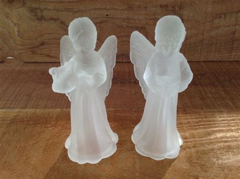 Frosted Glass Angel Figurines Pair Of Winged Statues