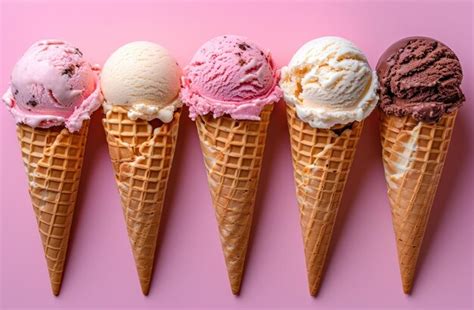 Cinco Conos De Gofre Con Diferentes Sabores De Helado Foto Premium