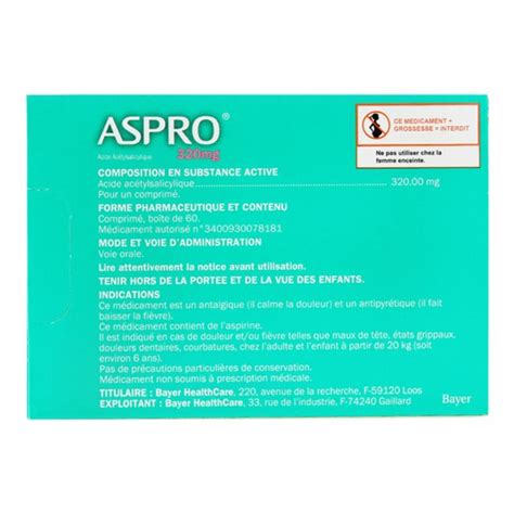 Aspro 320 mg 60 comprimés Aspirine Soulage fièvre et douleur