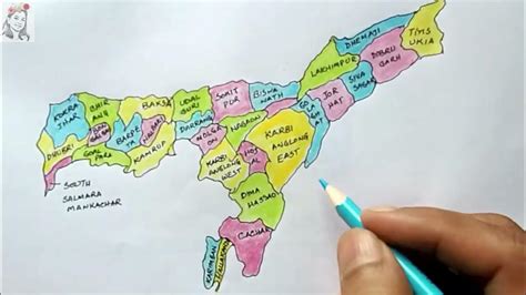 Assam Map Drawing Colour 🗺 With District Name 🗺 Map Of Assam Drawing