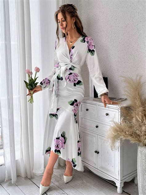 Shein Privé Floral Print Twist Front Belted Dress For Sale Australia New Collection Online