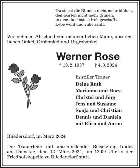 Werner Rose Traueranzeige Stader Tageblatt