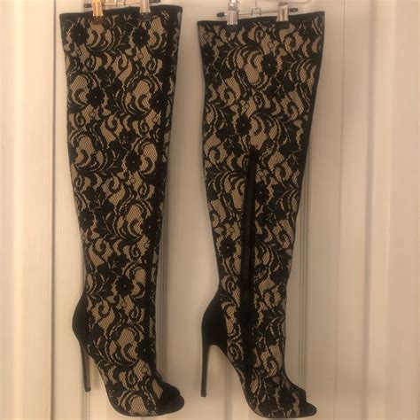 Shoes Thigh High Black Lace Peep Toe Boots Poshmark