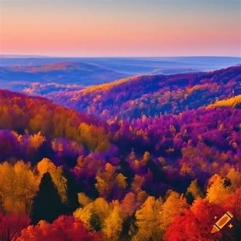 Purple And Autumn Trees On Rolling Hills