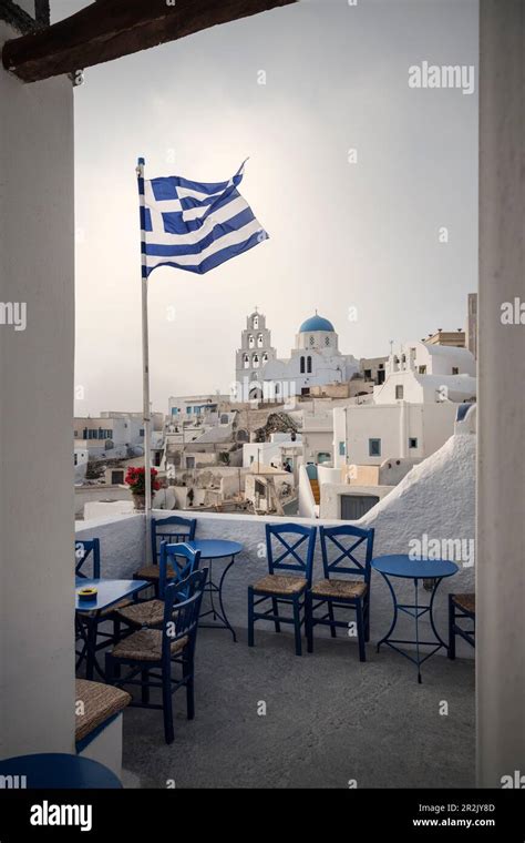 Greek Flag In Front Of Greek Orthodox Church Pyrgos Santorini