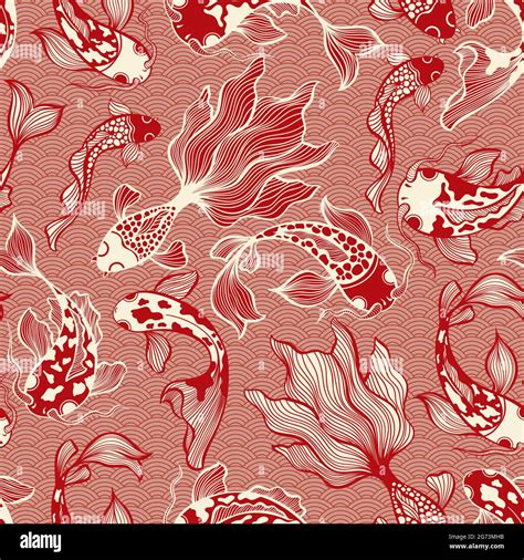 Japanese Koi Fish Vector Seamless Pattern In Red Colors For Fabric