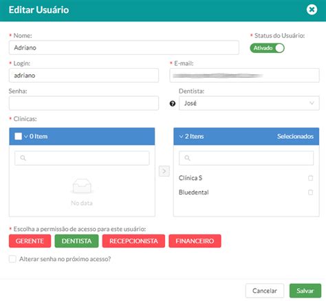Gerenciando permissões para usuários BlueDental Central de Ajuda