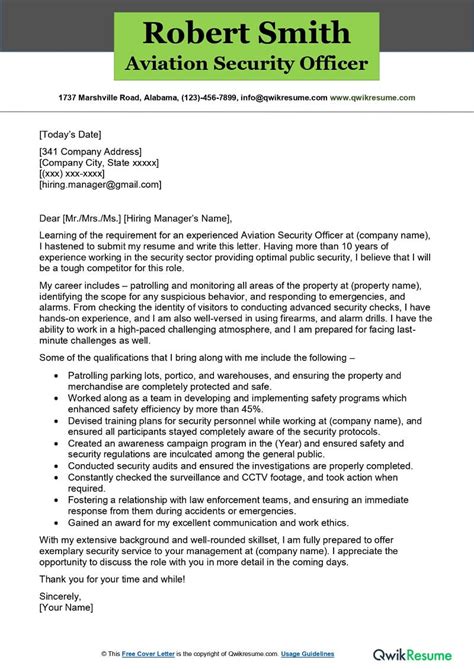 Aviation Security Officer Cover Letter Examples Qwikresume