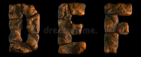 Set Of Rocky Letters D E F Font Of Stone On Black Background Stock