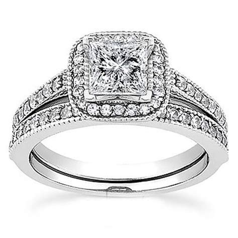 1ct Princess Cut Halo Diamond Ring Set 14k White Gold Ebay