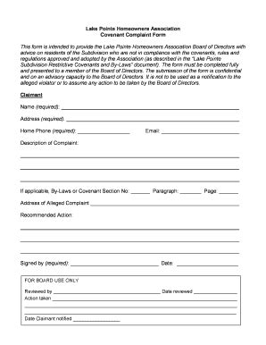 Fillable Online Complaint Form FINAL Lake Pointe Homeowners