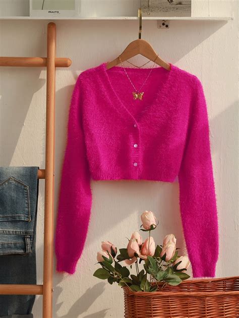 Fuzzy Knit Button Front Cropped Cardigan Pink Cardigan Outfit Hot Pink Cardigan Hot Pink Outfit