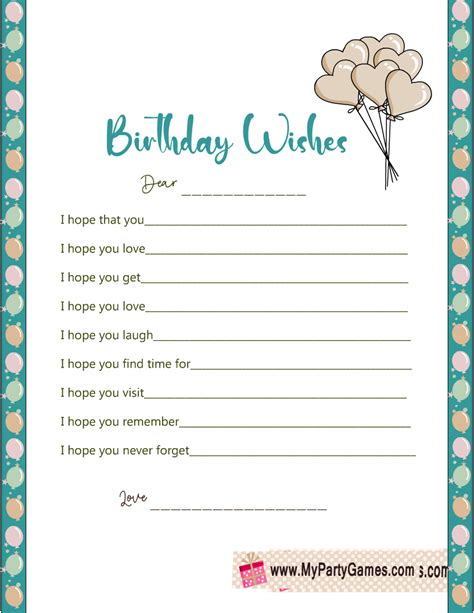 Free Printable Wishes For The Birthday Honoree Cards