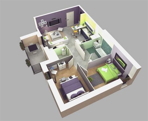 Two Bedroom 2 Bedroom Small House Plans 3D