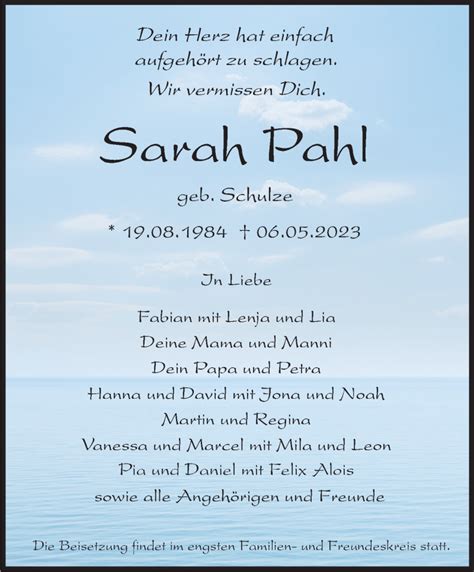 Traueranzeigen Von Sarah Pahl Trauer Ms